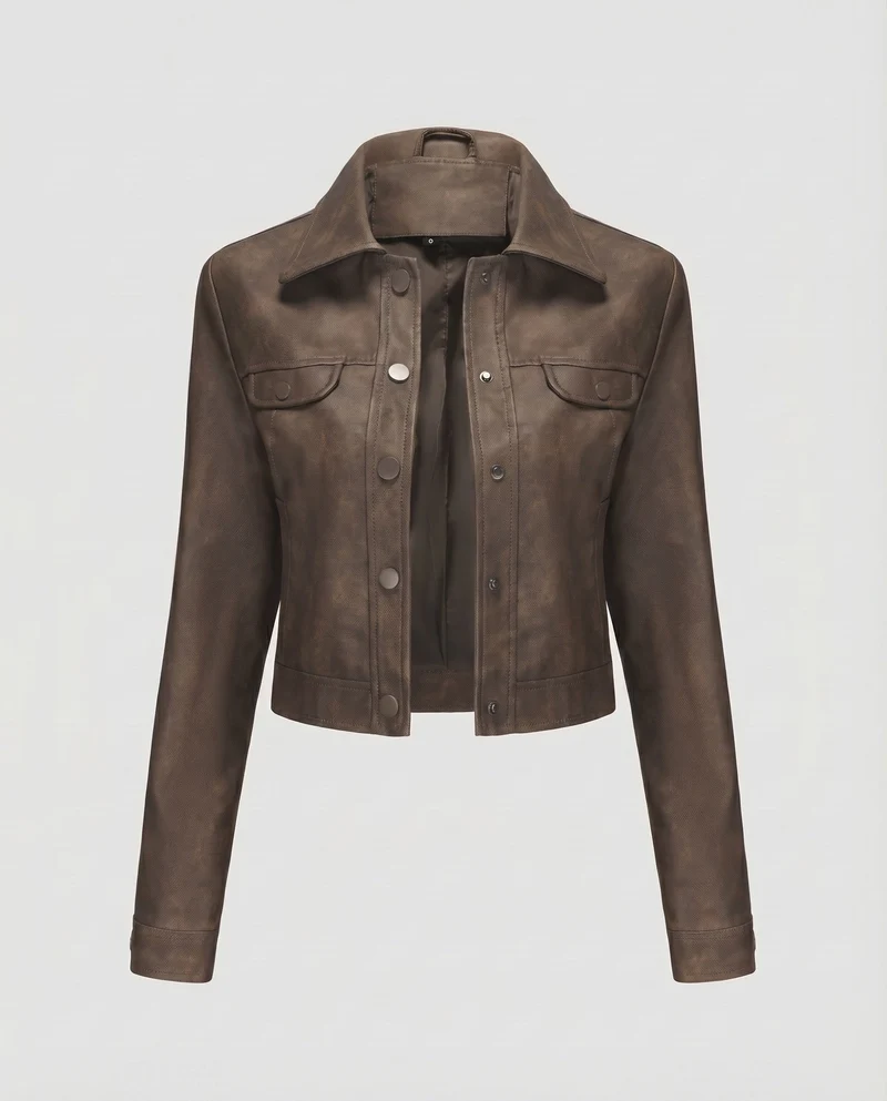 Damen Truckerjacke Wildlederoptik Pattentaschen Druckknopfleiste