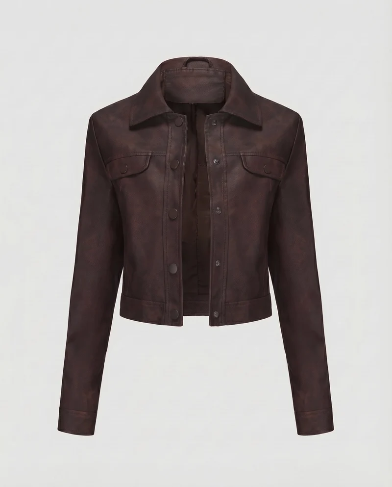Damen Truckerjacke Wildlederoptik Pattentaschen Druckknopfleiste
