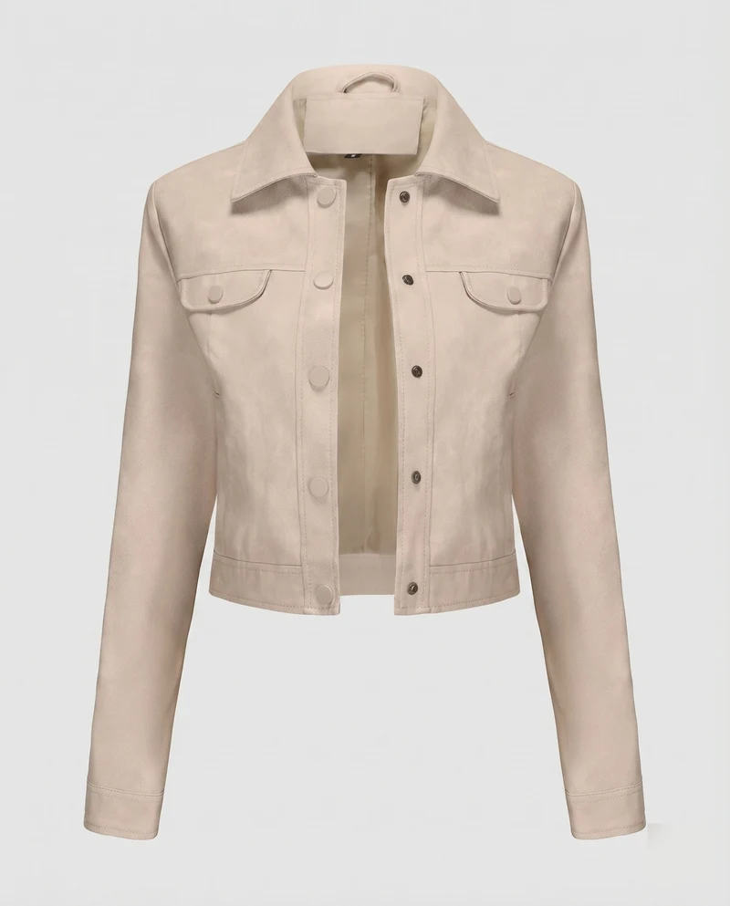 Damen Truckerjacke Wildlederoptik Pattentaschen Druckknopfleiste
