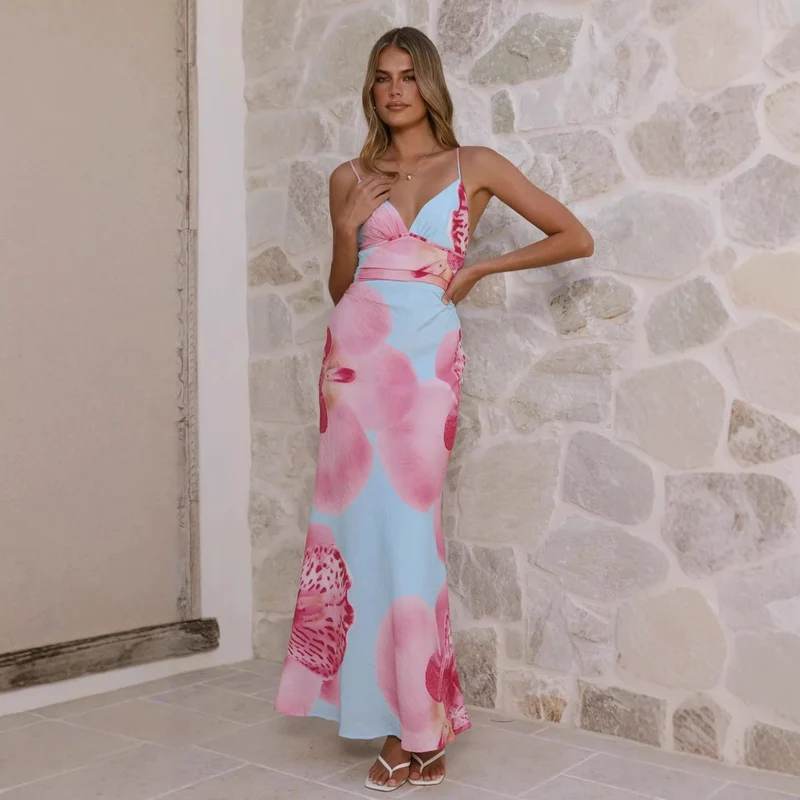 Damen Maxikleid mit floralem Design und raffinierten Rüschendetails