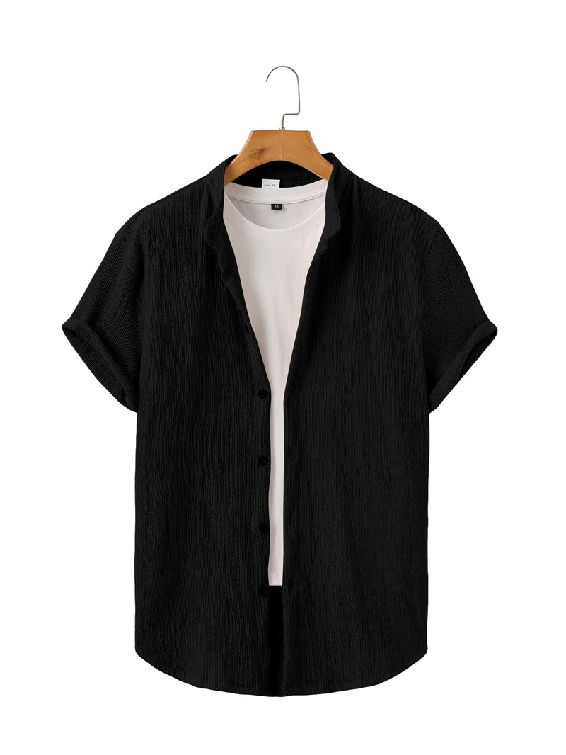 Herren nan leichtes Knitterstruktur-Überhemd mit umgeschlagenen Ärmeln entspannter Overshirt-Silhouette