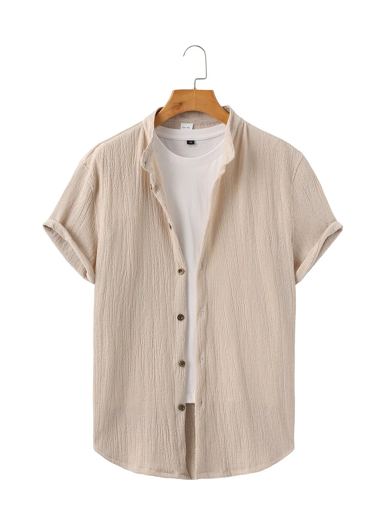 Herren nan leichtes Knitterstruktur-Überhemd mit umgeschlagenen Ärmeln entspannter Overshirt-Silhouette