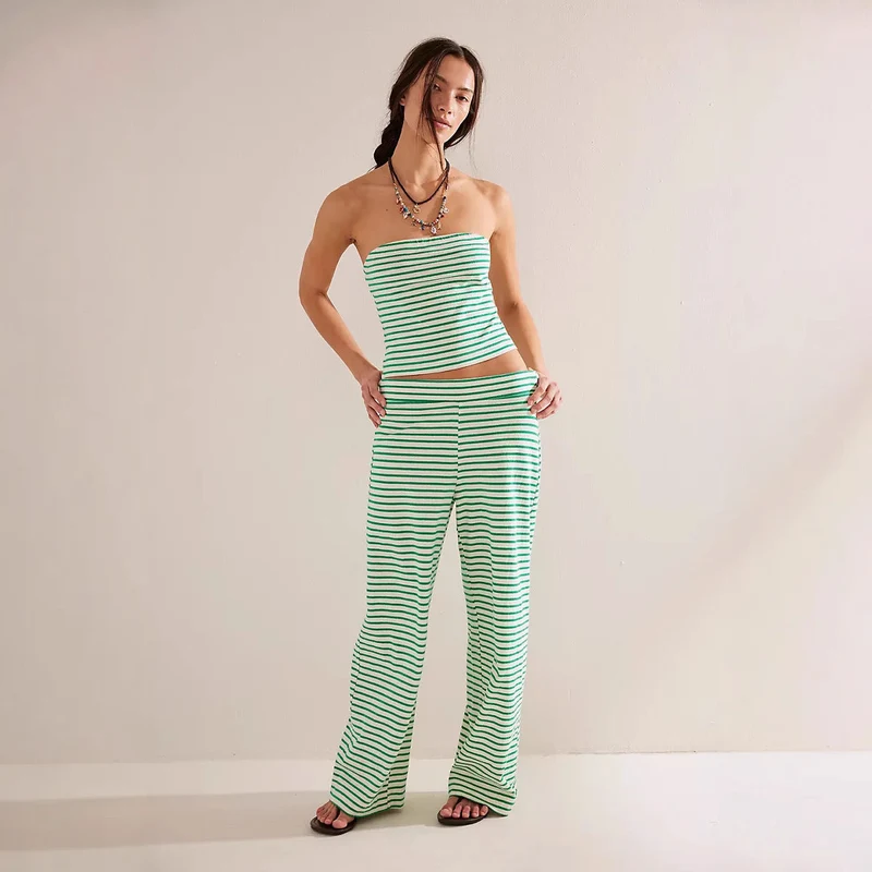 Damen lässiges Loungewear-Set mit geripptem Oberteil und weiten Hosen
