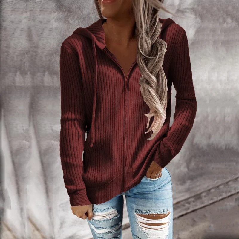 Damen Kapuzenjacke im modernen Rippenstrickdesign mit Taschen