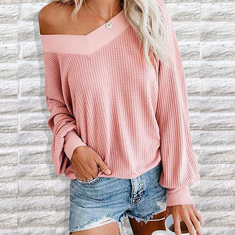 Damen lässiger off-shoulder Pullover im Waffle-Design mit weitem Schnitt