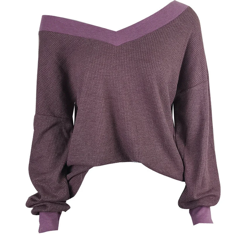 Damen lässiger off-shoulder Pullover im Waffle-Design mit weitem Schnitt