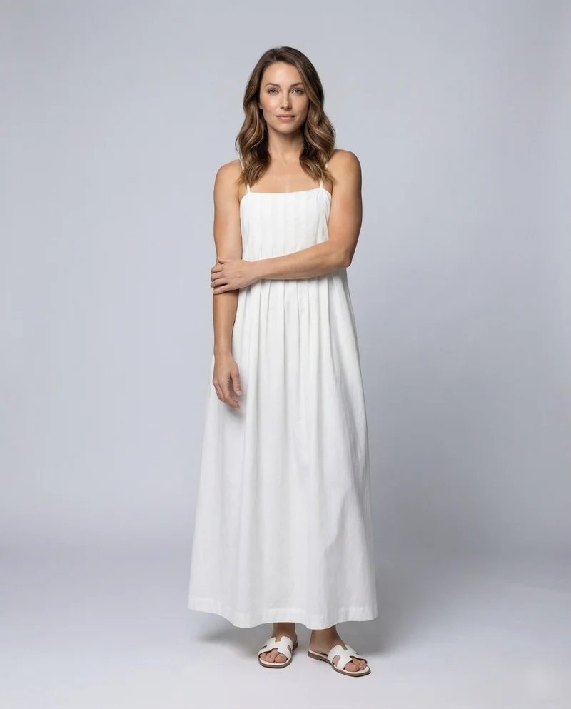 Damen Maxikleid Kellerfalten Spaghettiträger