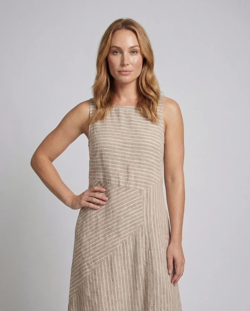 Damen Leinenmix-Midikleid Diagonale Streifenoptik