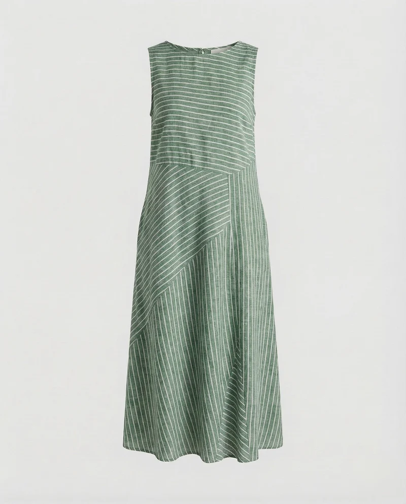 Damen Leinenmix-Midikleid Diagonale Streifenoptik