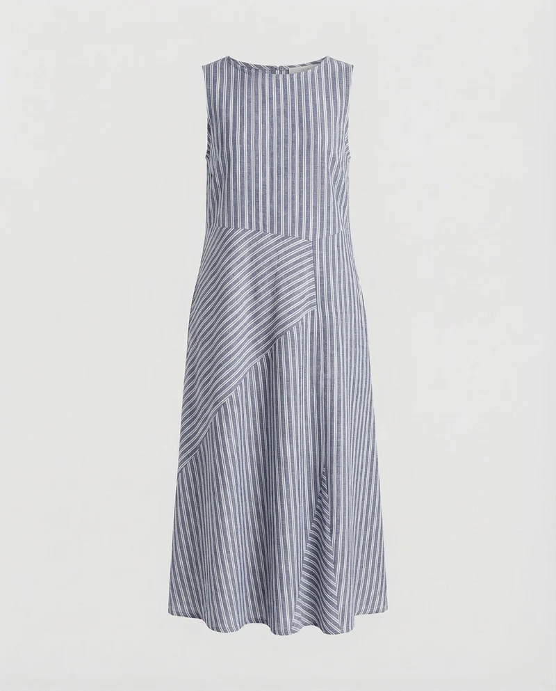 Damen Leinenmix-Midikleid Diagonale Streifenoptik