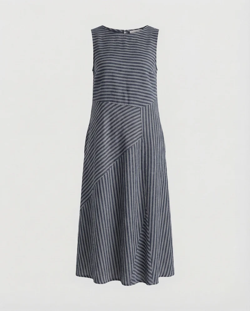 Damen Leinenmix-Midikleid Diagonale Streifenoptik