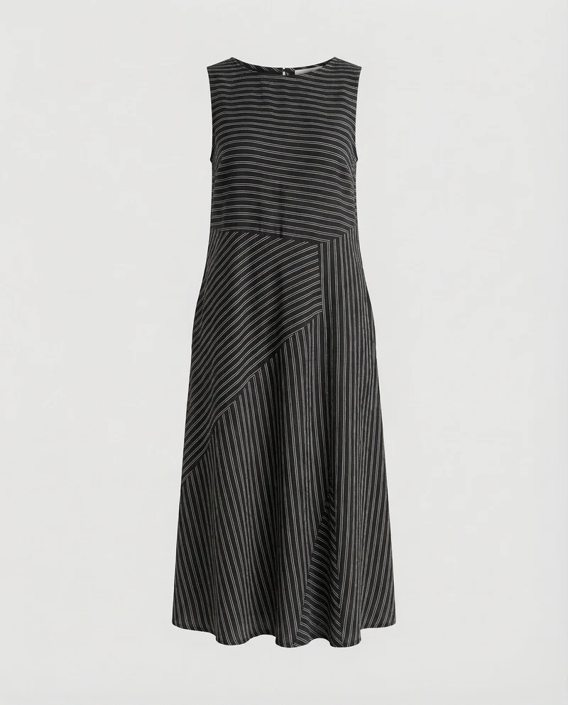 Damen Leinenmix-Midikleid Diagonale Streifenoptik