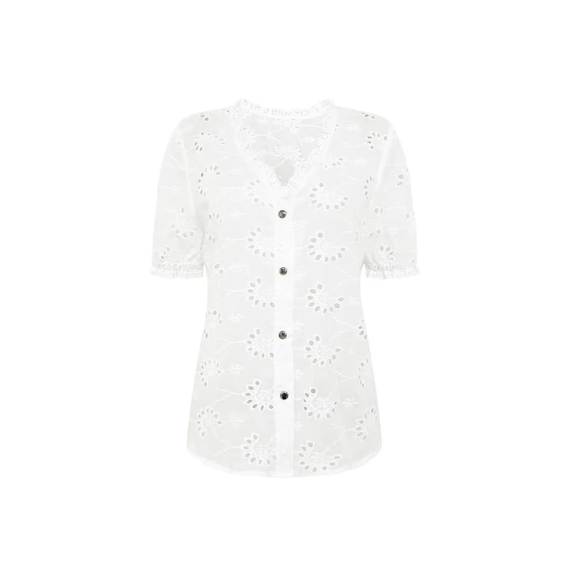 Damen luftiges Blusenshirt mit kunstvollen Lochmustern und Knopfdetails
