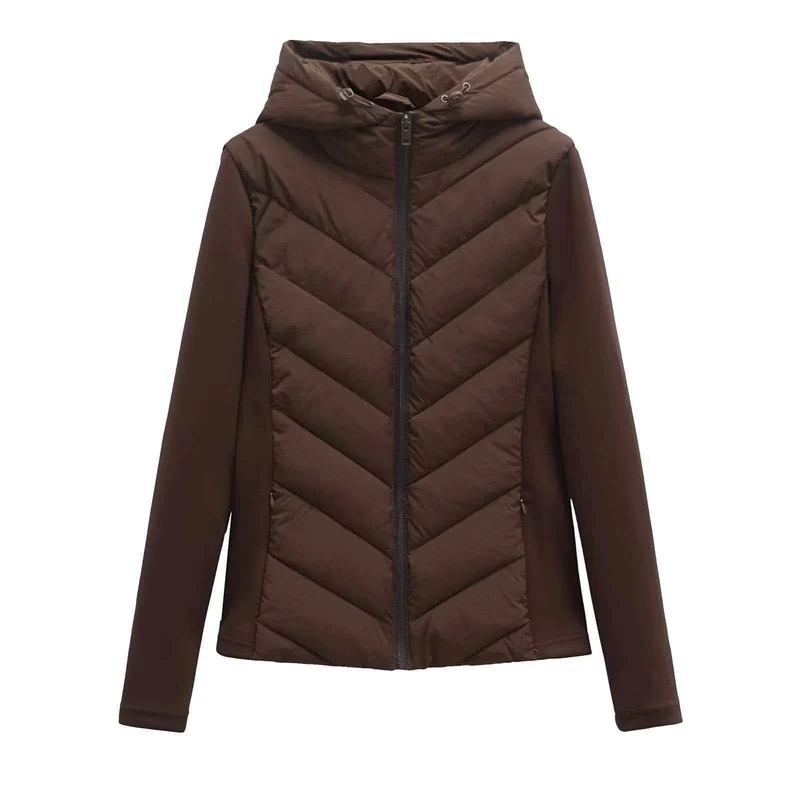 Damen nan gesteppte Kapuzenjacke mit Chevron‑Stepp, Einsätzen aus Softshell und verdecktem Reißverschluss