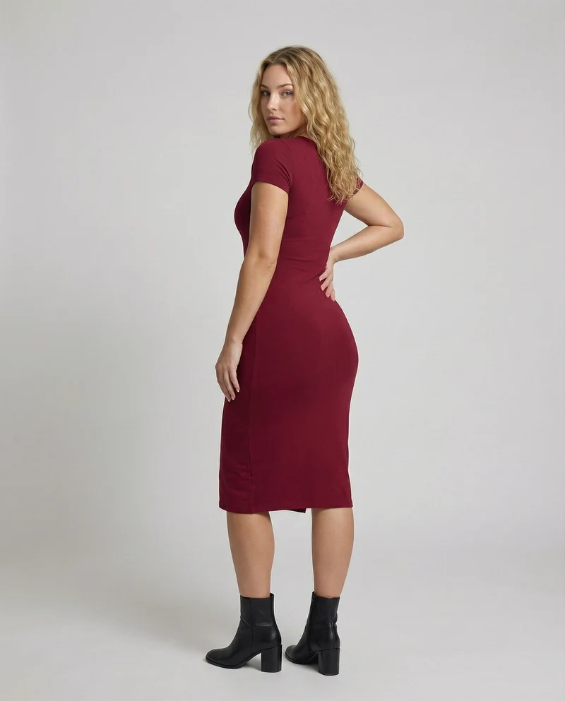 Damen Taillierte Beinschlitz Jersey Midikleid