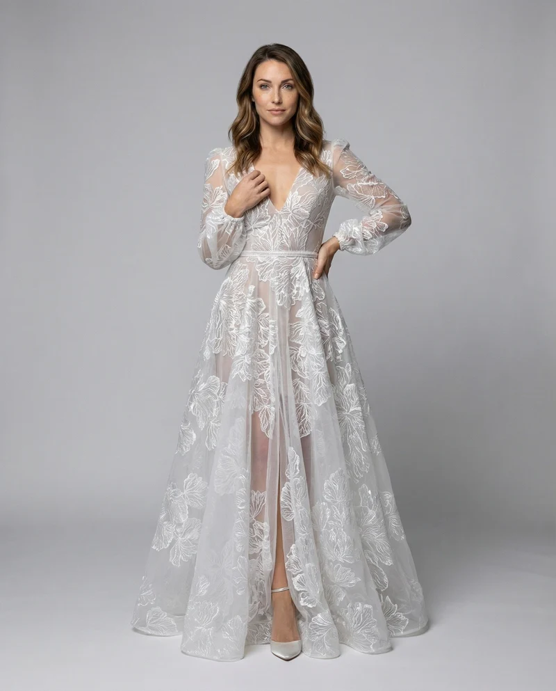 Damen A-Linien Tüllkleid Blumen-Print Langarm