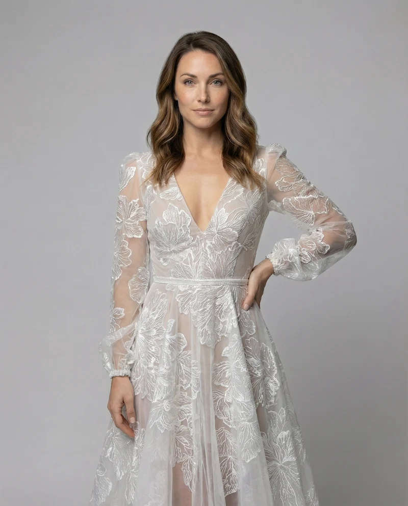 Damen A-Linien Tüllkleid Blumen-Print Langarm