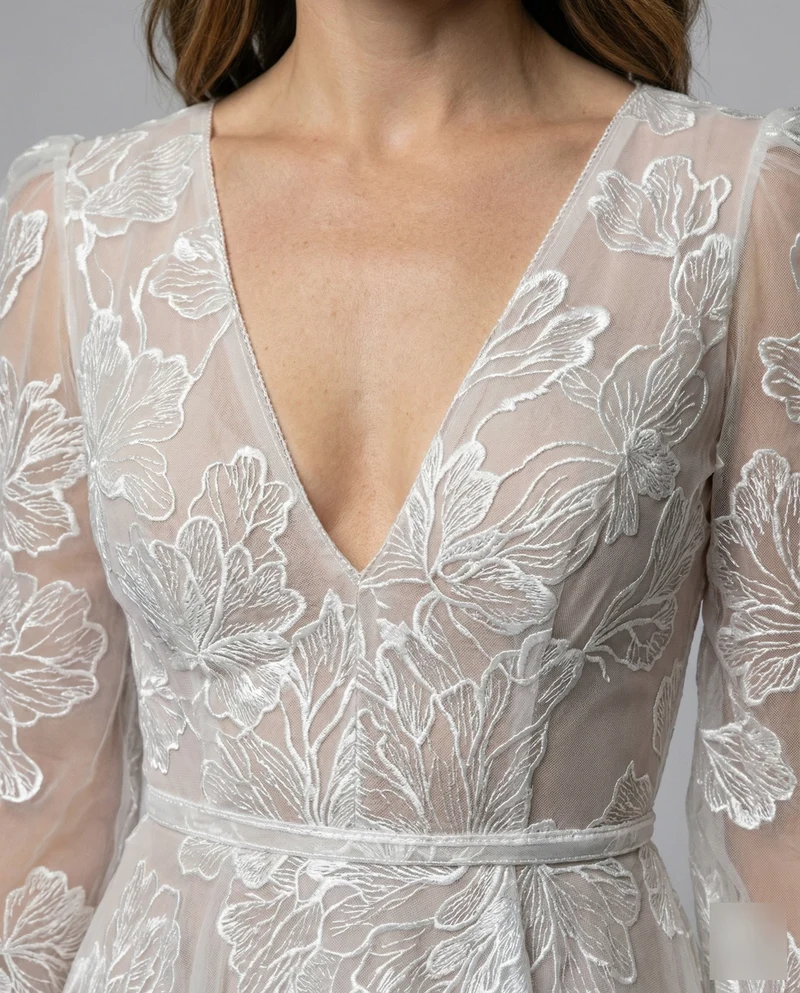 Damen A-Linien Tüllkleid Blumen-Print Langarm