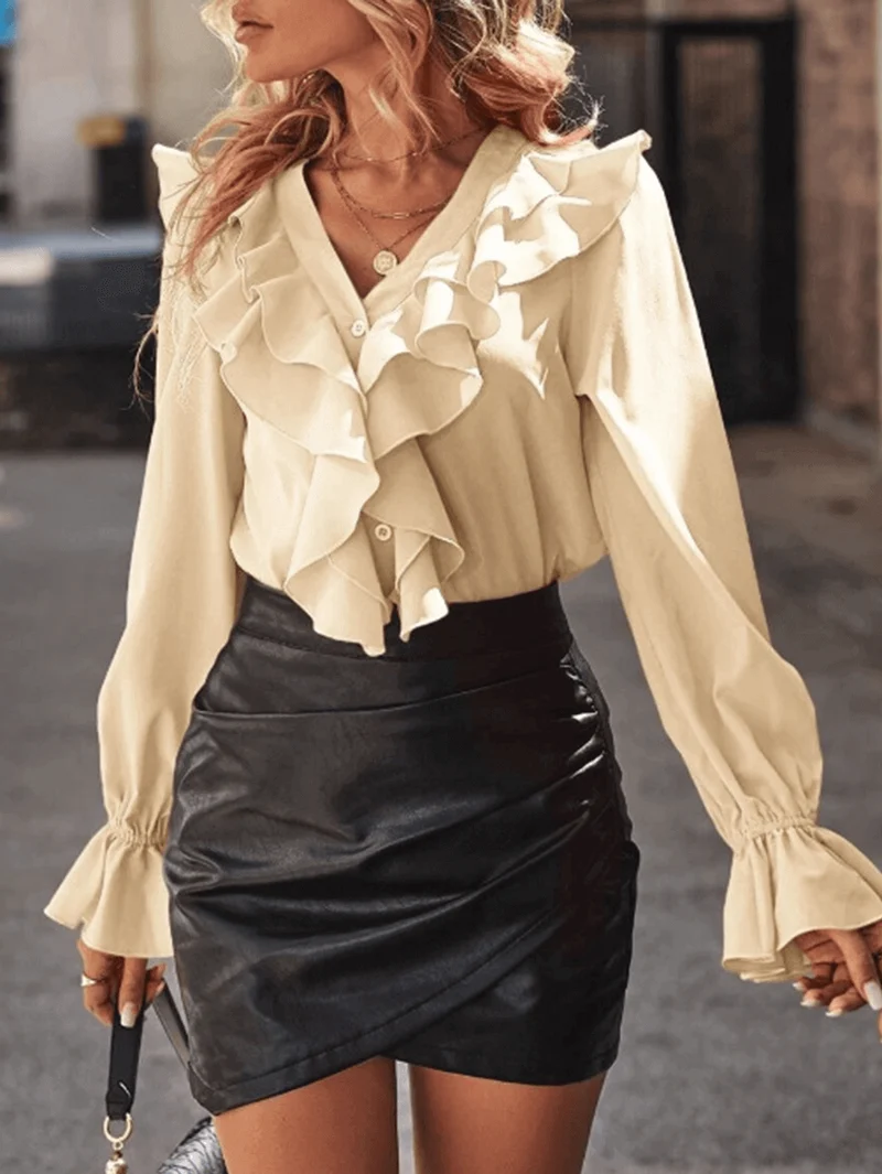 Rüschen-Button-Down-Hemd, V-Ausschnitt, Jabot-Kragen, ausgestellte Ärmel, lange Ärmel, Damen, süße, elegante ModNord Taschenluse