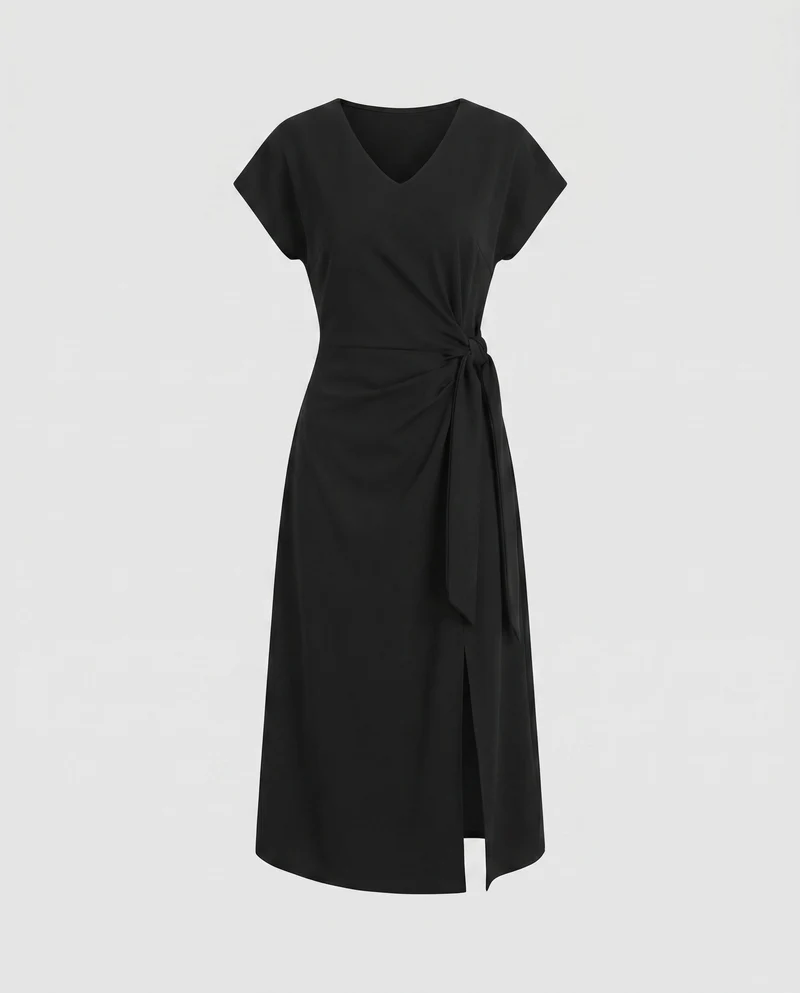 Damen Elegantes Wickelkleid mit schmalem V-Ausschnitt und seitlichem Schlitz
