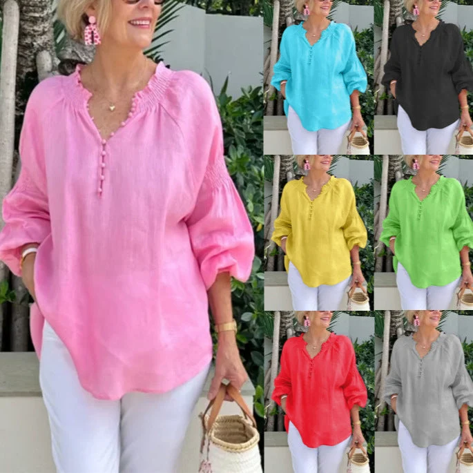 Damen Leichte Bluse mit elastischen Puffärmeln und Knopfleiste