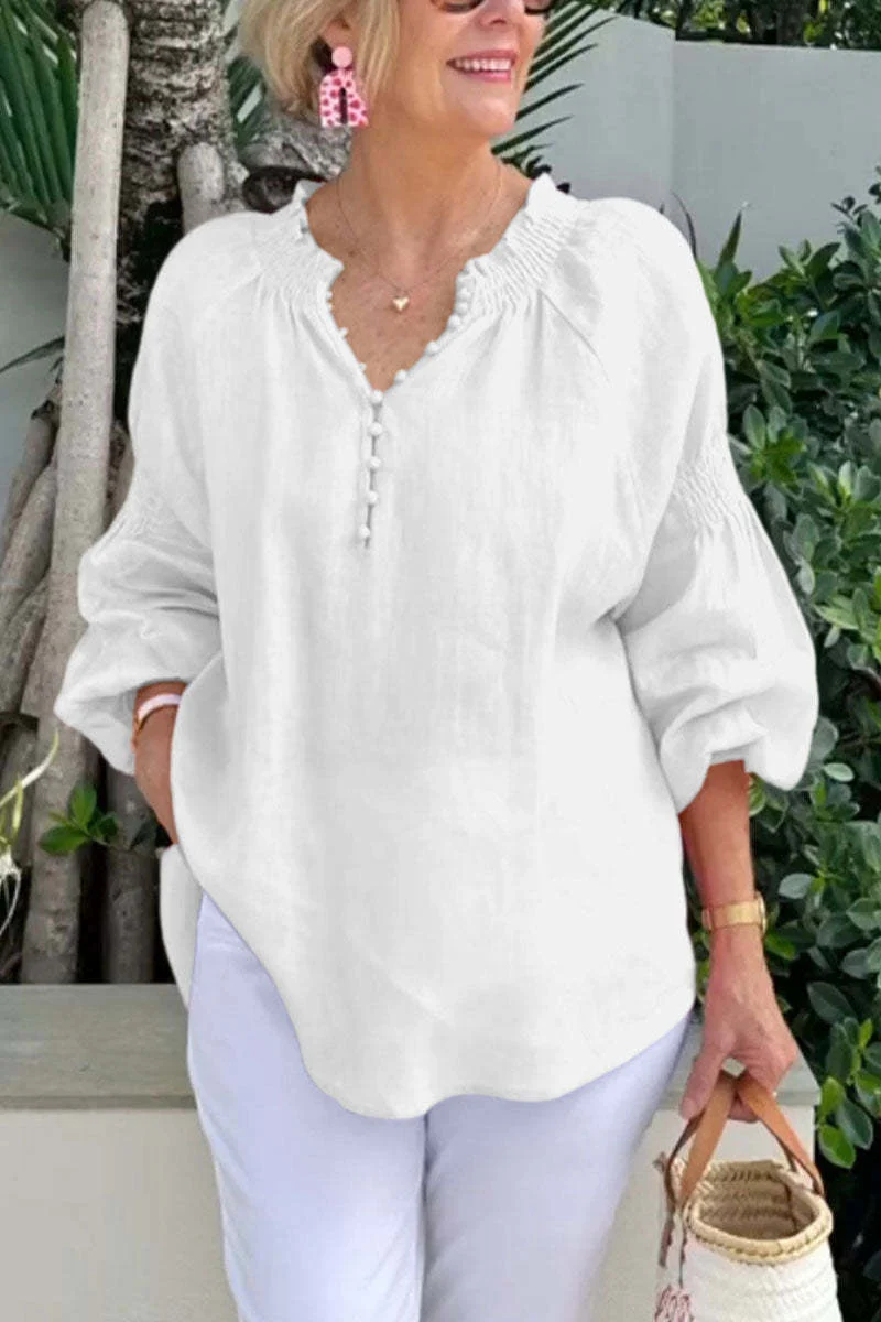 Damen Leichte Bluse mit elastischen Puffärmeln und Knopfleiste