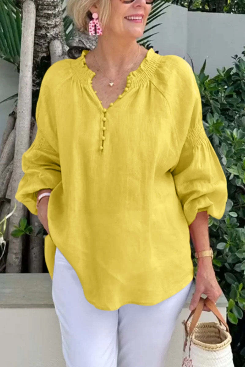 Damen Leichte Bluse mit elastischen Puffärmeln und Knopfleiste