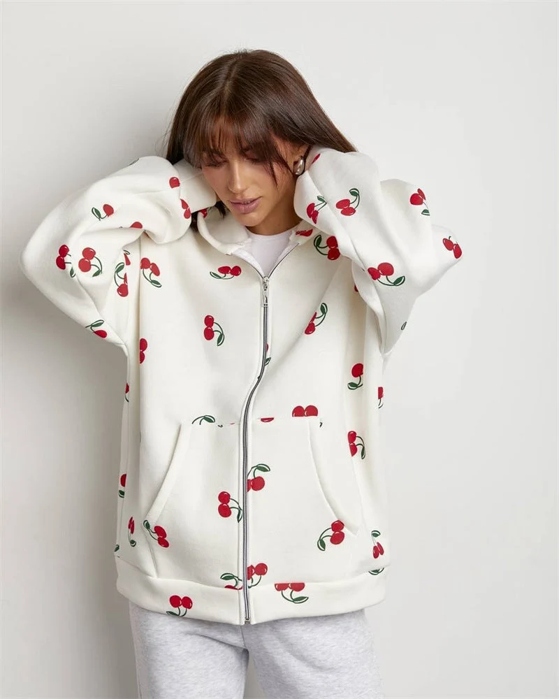 Damen Sweatshirt mit Kapuze und Reißverschluss mit Kirschdruck