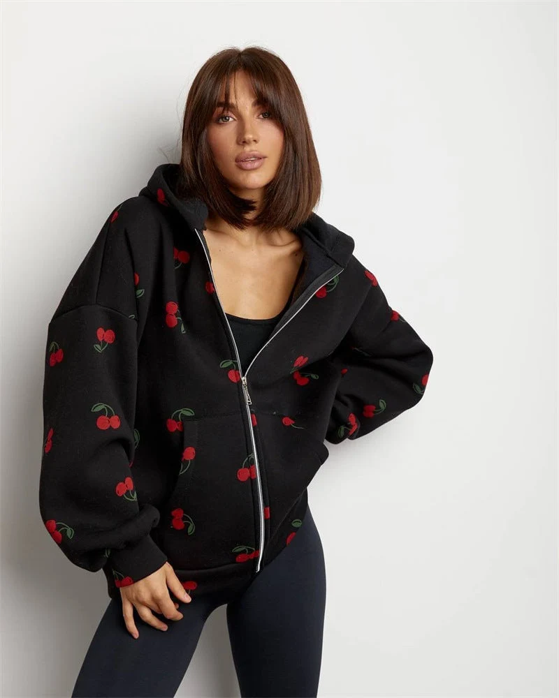 Damen Sweatshirt mit Kapuze und Reißverschluss mit Kirschdruck