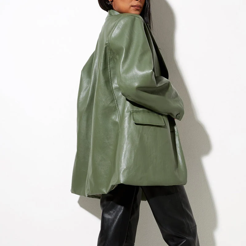 Damen Oversized Kunstleder Blazerjacke