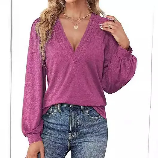 Damen lässiges V-Ausschnitt Shirt mit Puffärmeln und eleganter Raffung Nord Taschen