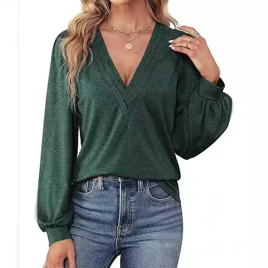 Damen lässiges V-Ausschnitt Shirt mit Puffärmeln und eleganter Raffung Nord Taschen