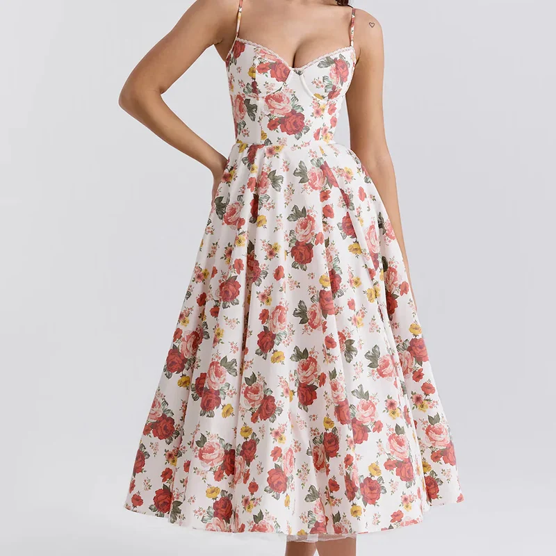Feminines Blumen Midikleid mit Korsett Oberteil
