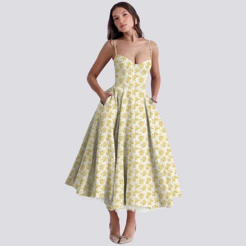Feminines Blumen Midikleid mit Korsett Oberteil