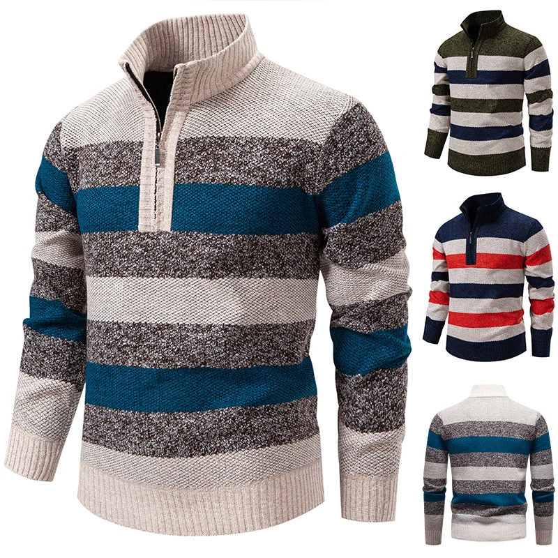 Herren modischer Strickpullover mit halbhohem Kragen und kontrastierenden Streifen