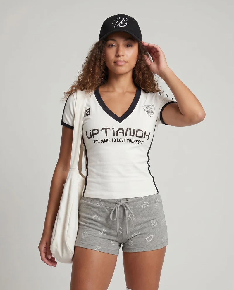 Damen Sport-T-Shirt mit V-Ausschnitt und kontrastierenden Details