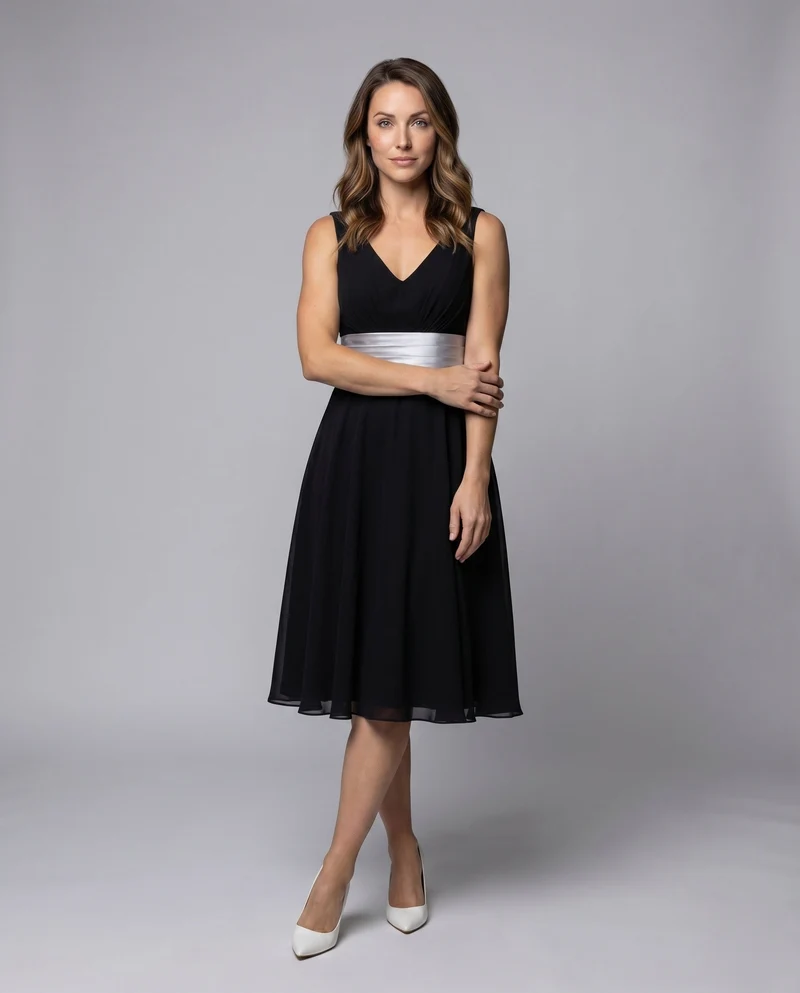 Damen elegantes festliches Kleid mit tiefem V-Ausschnitt und Taillierung