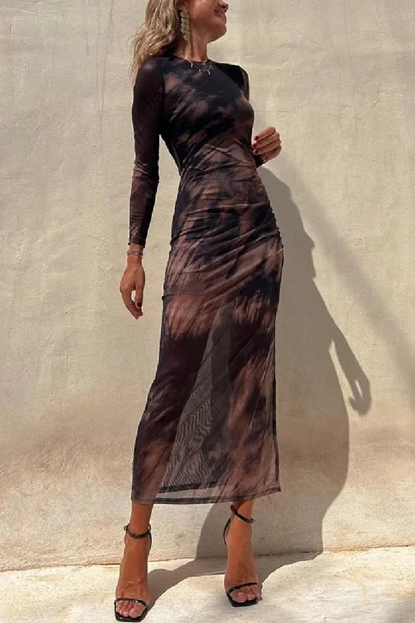 Charm Lady Mesh Overlay Tie Dye Print Langarm Rüsch Stretch Midi Kleid
