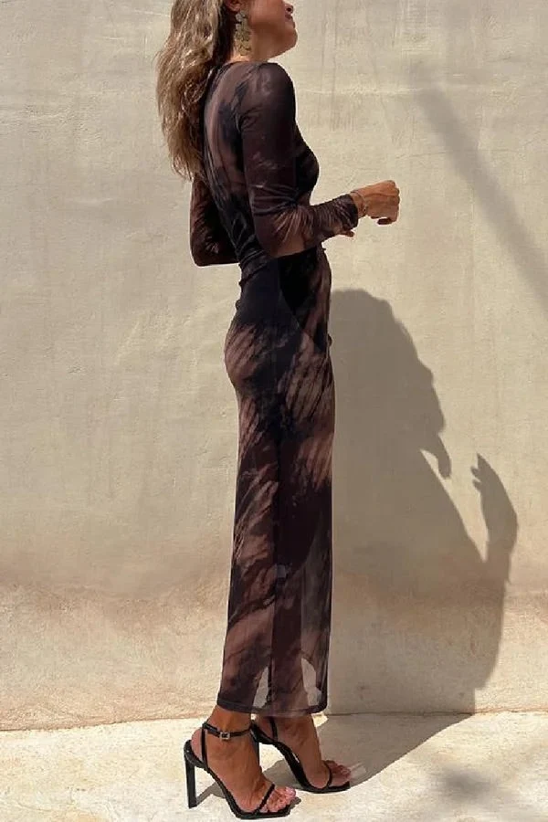 Charm Lady Mesh Overlay Tie Dye Print Langarm Rüsch Stretch Midi Kleid