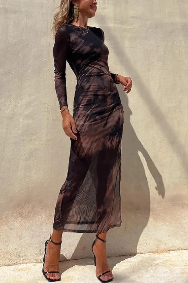 Charm Lady Mesh Overlay Tie Dye Print Langarm Rüsch Stretch Midi Kleid