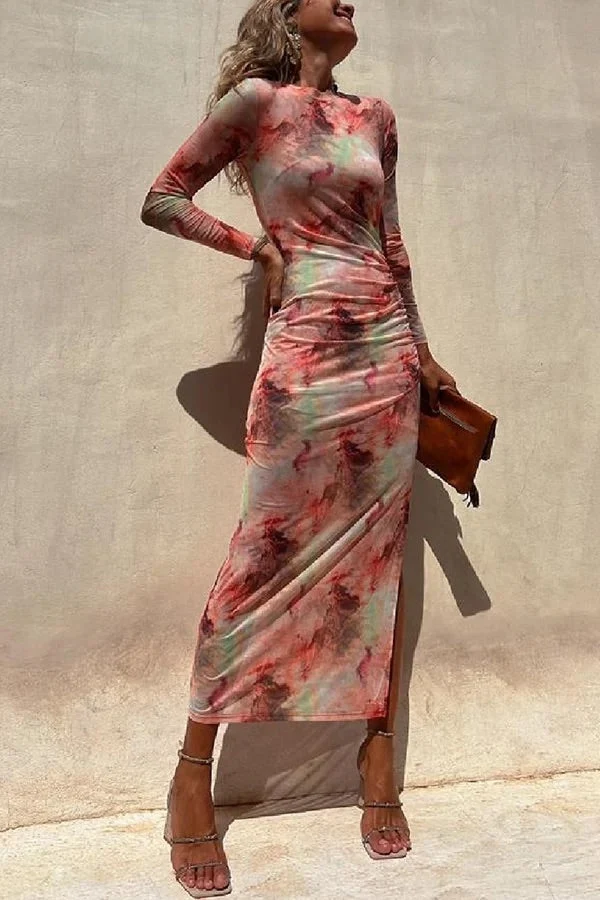 Charm Lady Mesh Overlay Tie Dye Print Langarm Rüsch Stretch Midi Kleid