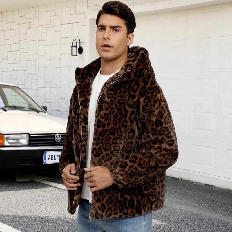 Herren Flauschige Kunstpelzjacke mit modischem Leopardenmuster