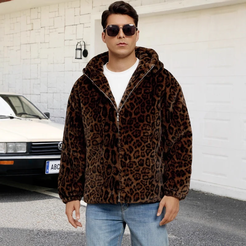 Herren Flauschige Kunstpelzjacke mit modischem Leopardenmuster