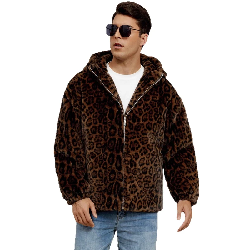 Herren Flauschige Kunstpelzjacke mit modischem Leopardenmuster