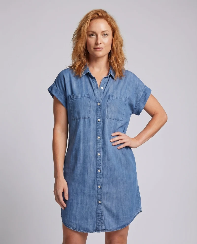 Damen Jeans-Shiftkleid Brusttaschen Knopfleiste Krempelärmel