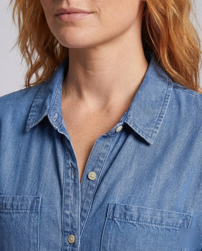 Damen Jeans-Shiftkleid Brusttaschen Knopfleiste Krempelärmel