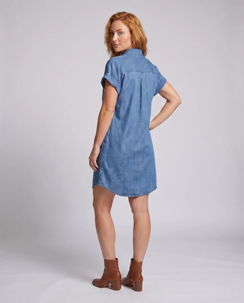 Damen Jeans-Shiftkleid Brusttaschen Knopfleiste Krempelärmel