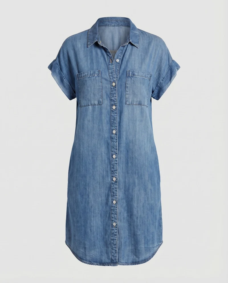 Damen Jeans-Shiftkleid Brusttaschen Knopfleiste Krempelärmel