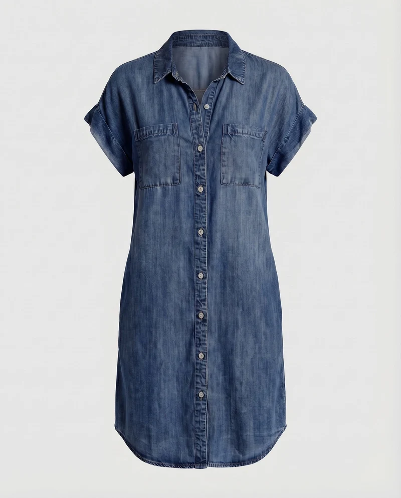 Damen Jeans-Shiftkleid Brusttaschen Knopfleiste Krempelärmel