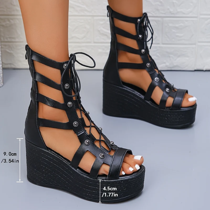 Damen Plateau Sandalen mit Schnürung